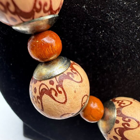 Vintage Boho Wooden Bead Statement Necklace Hand Painted Beads - Picture 5 of 8